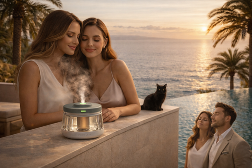 رایحهای ملایم از خوشبوکننده Crystal در فضا پخش شده و محیط را به فضایی آرام و دلنشین تبدیل میکند. این صحنه حس سکوت، تمرکز و آسایش را منتقل میکند؛ جایی که بو نقش اصلی در تجربه فضا دارد.